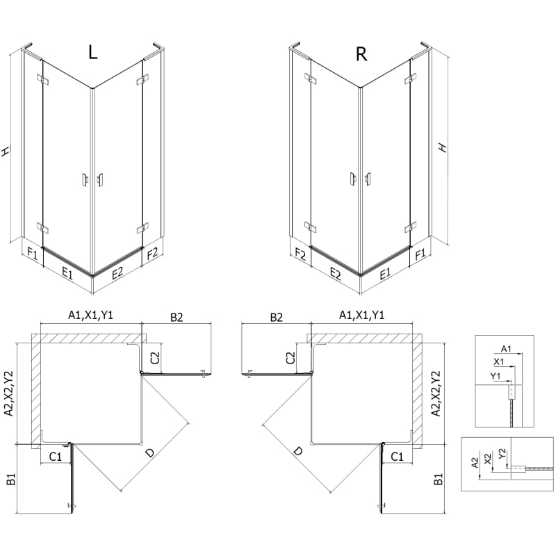 Mexen Mist-H L Duo Duschtür rechts 70 x 95 cm, transparent, gebürstetes Waffenschwarz - 8A5L-070L-095P-66-00