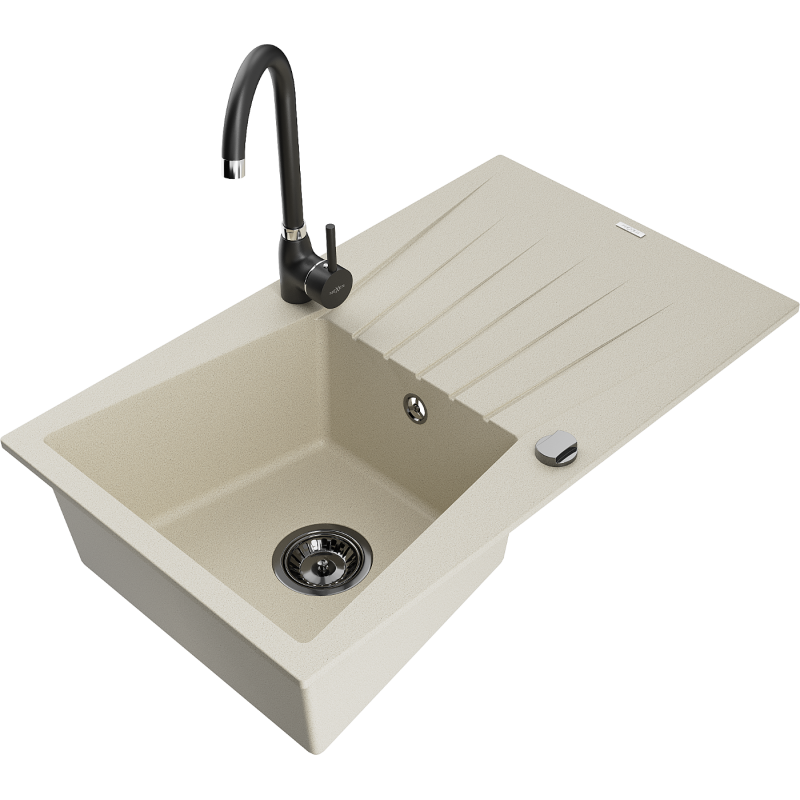 Mexen Cesar Granitspüle, 1 Becken mit Abtropffläche und Küchenarmatur Telma, beige - 6514-69-670200-70