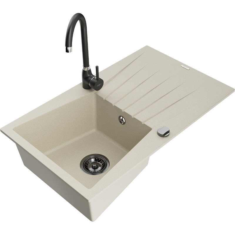 Mexen Cesar Granitspüle einteilig mit Abtropffläche und Küchenarmatur Telma, beige - 6514-69-670200-70
