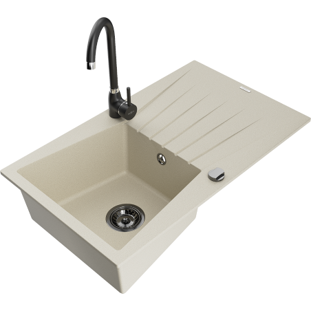 Mexen Cesar Granitspüle, 1 Becken mit Abtropffläche und Küchenarmatur Telma, beige - 6514-69-670200-70
