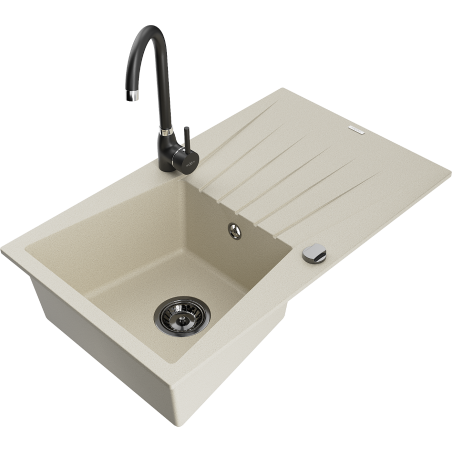 Mexen Cesar Granitspüle 1-beckig mit Abtropffläche und Küchenarmatur Telma, beige - 6514-69-670200-70