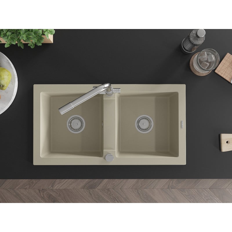 Mexen Mario 2-Kammer Granitspüle mit Küchenarmatur Duero, beige - 6504-69-671600-00