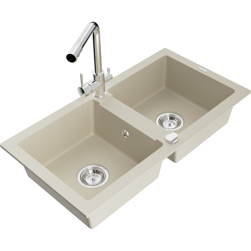 Mexen Mario 2-Kammer Granitspüle mit Küchenarmatur Duero, beige - 6504-69-671600-00