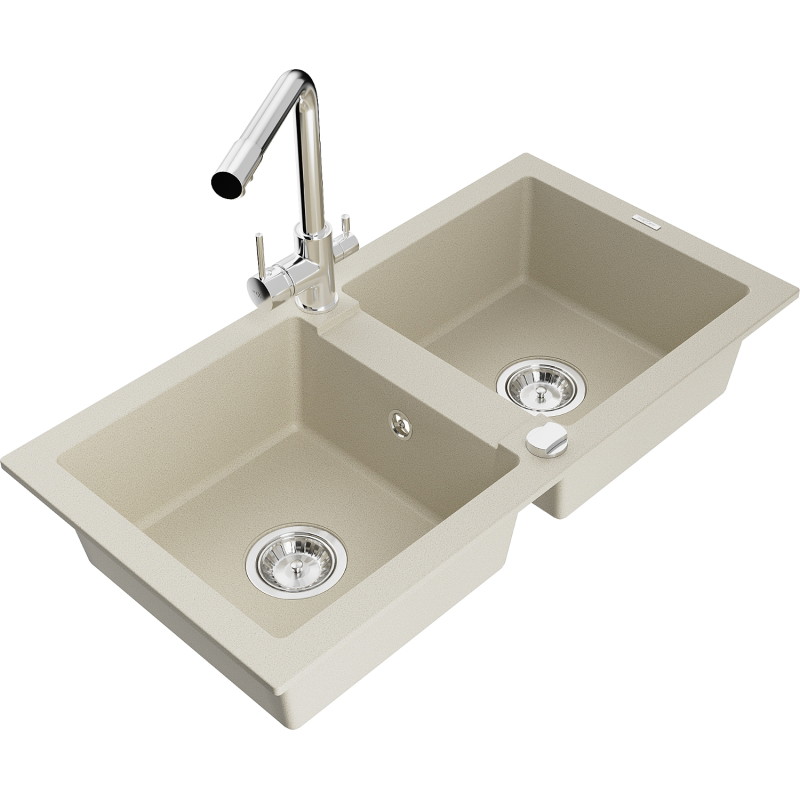 Mexen Mario Granitspüle 2-Kammer mit Küchenarmatur Duero, beige - 6504-69-671600-00