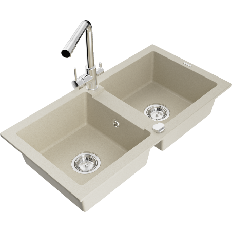 Mexen Mario 2-Kammer Granitspüle mit Küchenarmatur Duero, beige - 6504-69-671600-00