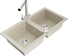 Mexen Mario 2-Kammer Granitspüle mit Küchenarmatur Duero, beige - 6504-69-671600-00