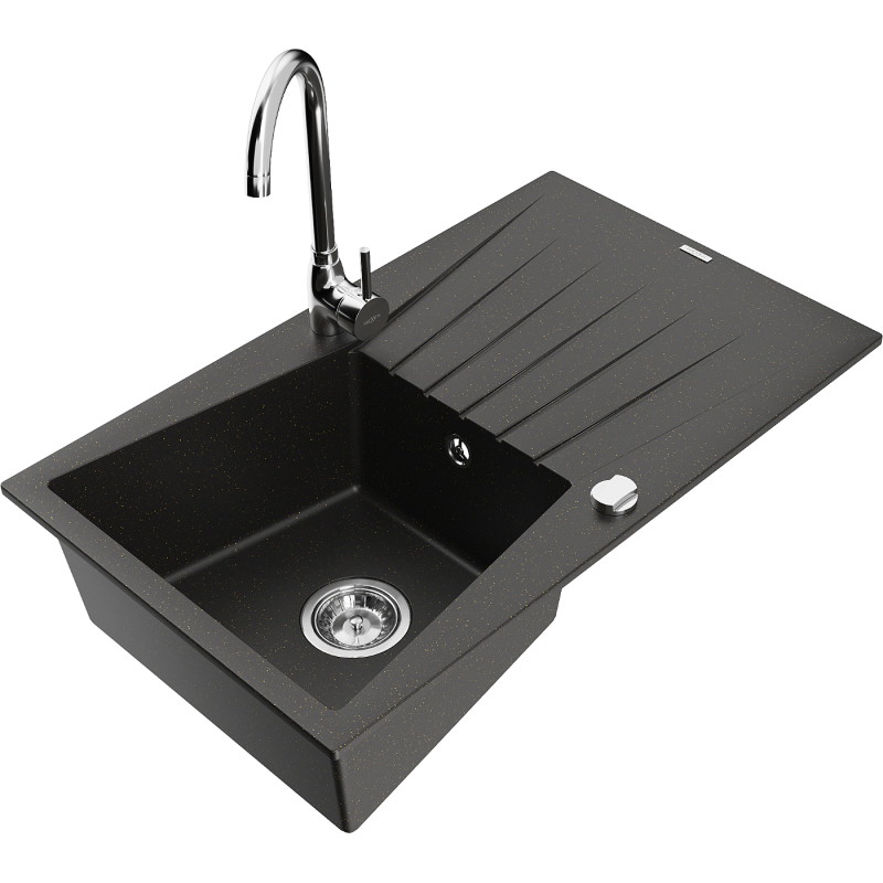 Mexen Cesar Granitspüle 1-becken mit Abtropffläche und Küchenarmatur Telma, schwarz/gold - 6514-75-670200-00