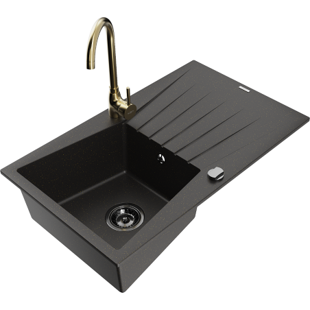 Mexen Cesar granitspüle 1-becken mit abtropffläche und küchenarmatur Telma, schwarz/gold - 6514-75-670200-50-B