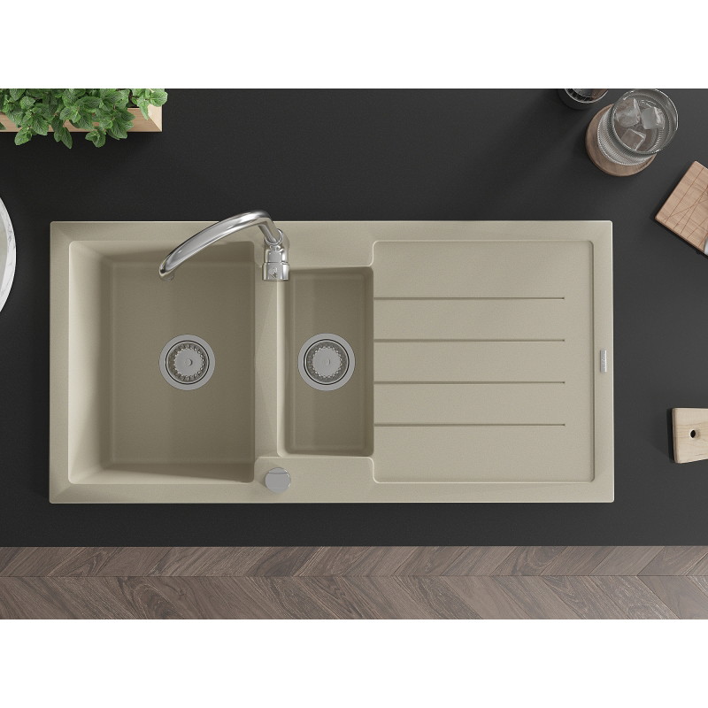 Mexen Andres granitspüle 1,5-beckig mit abtropffläche und küchenarmatur Telma, beige - 6515-69-670200-00