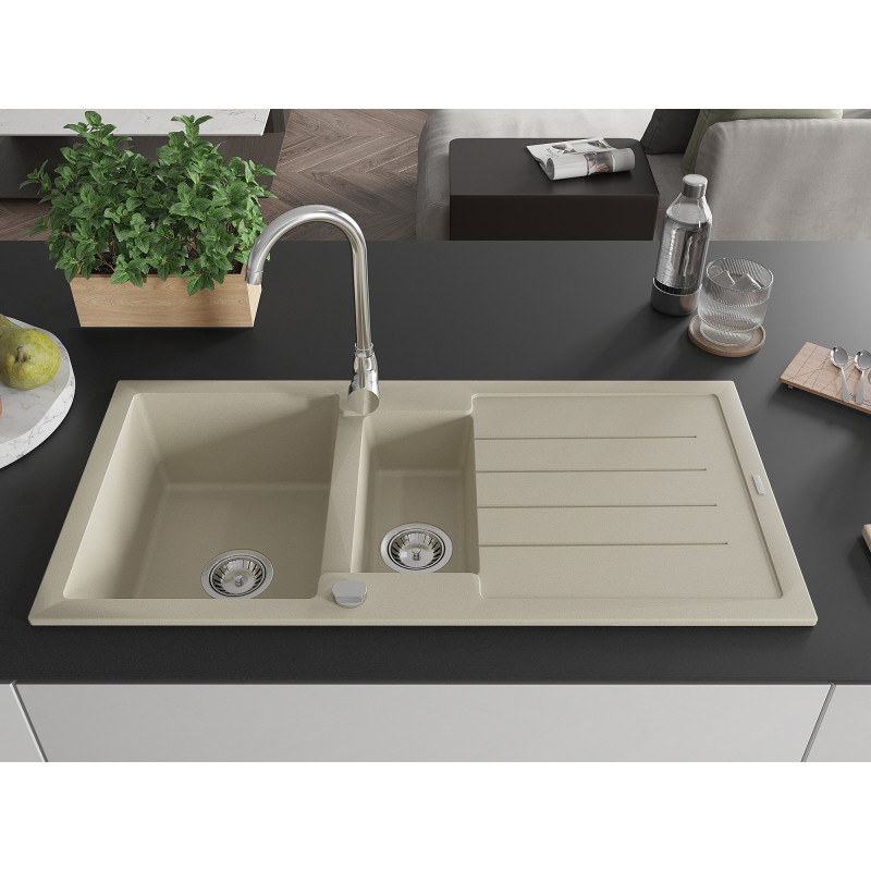Mexen Andres Granit-Spülbecken 1,5-Kammer mit Abtropffläche und Küchenarmatur Telma, beige - 6515-69-670200-00