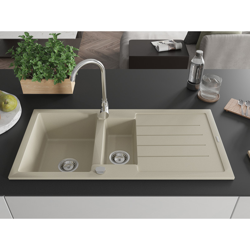 Mexen Andres Granitspüle 1,5-Becken mit Abtropffläche und Küchenarmatur Telma, beige - 6515-69-670200-00