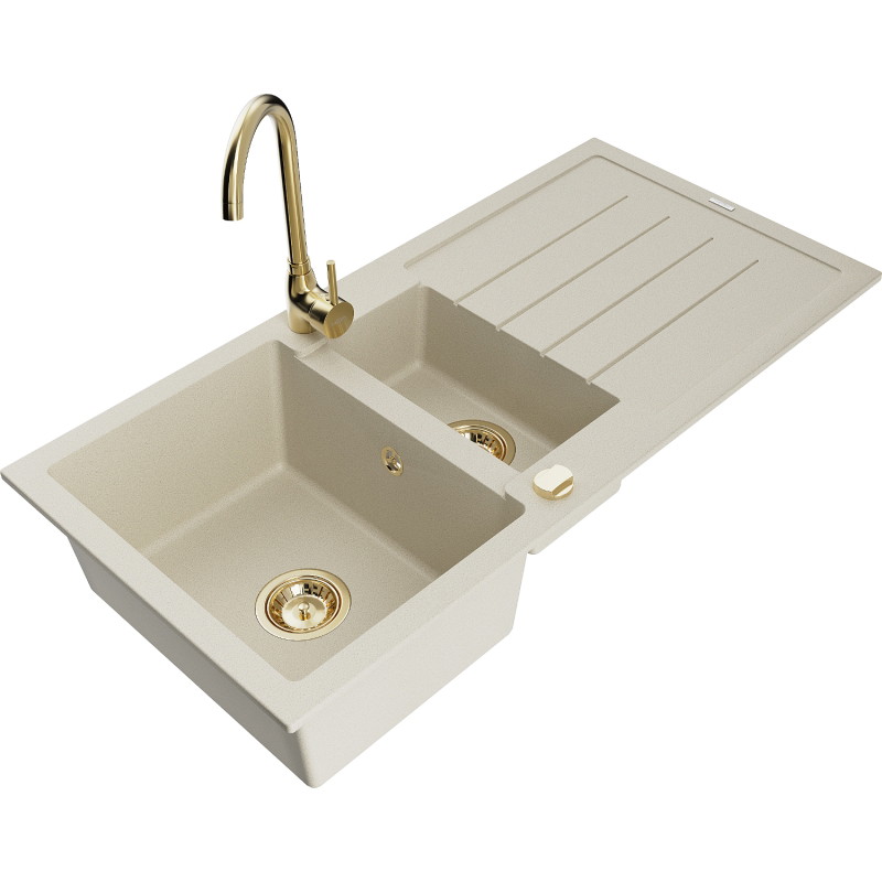 Mexen Andres Granitspüle 1,5-becken mit Abtropffläche und Küchenarmatur Telma, beige - 6515-69-670200-50