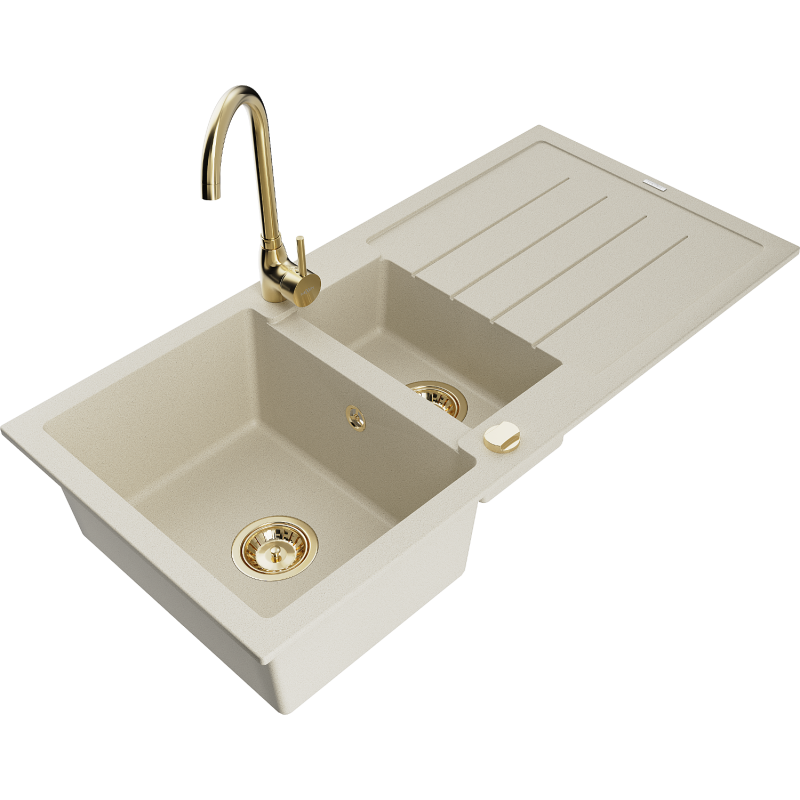 Mexen Andres Granitspüle 1,5-Mulden mit Abtropffläche und Küchenarmatur Telma, beige - 6515-69-670200-50