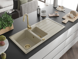 Mexen Andres Granitspüle 1,5-Mulden mit Abtropffläche und Küchenarmatur Telma, beige - 6515-69-670200-50