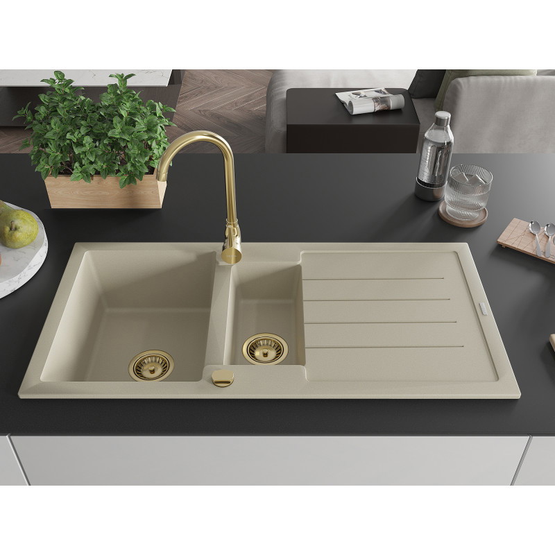 Mexen Andres Granitspüle 1,5-Mulden mit Abtropffläche und Küchenarmatur Telma, beige - 6515-69-670200-50