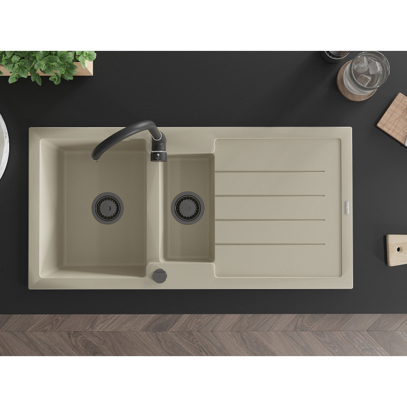 Mexen Andres Granitspüle 1,5-becken mit Abtropffläche und Küchenarmatur Telma, beige - 6515-69-670200-70