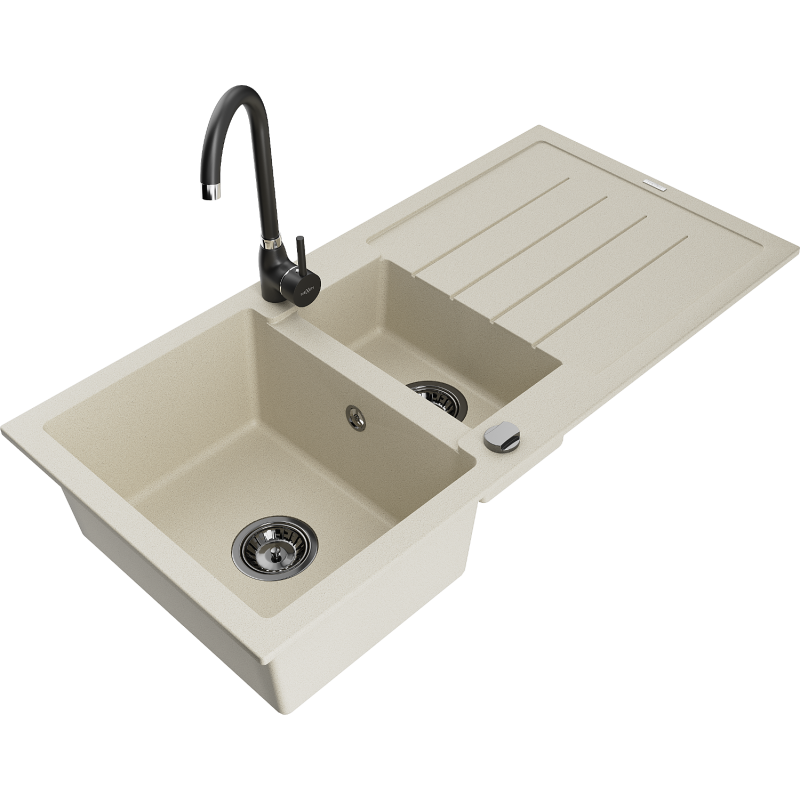 Mexen Andres Granitspüle 1,5-becken mit Abtropffläche und Küchenarmatur Telma, beige - 6515-69-670200-70
