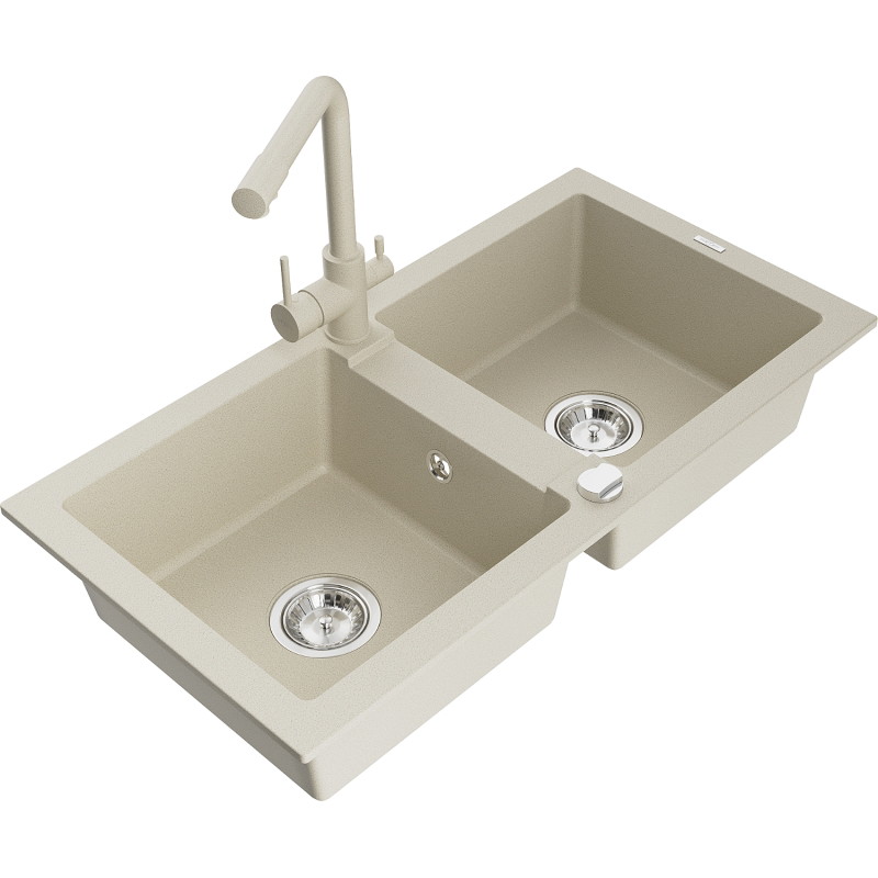 Mexen Mario Granitspüle 2-Kammern mit Küchenarmatur Duero, beige - 6504-69-671600-69
