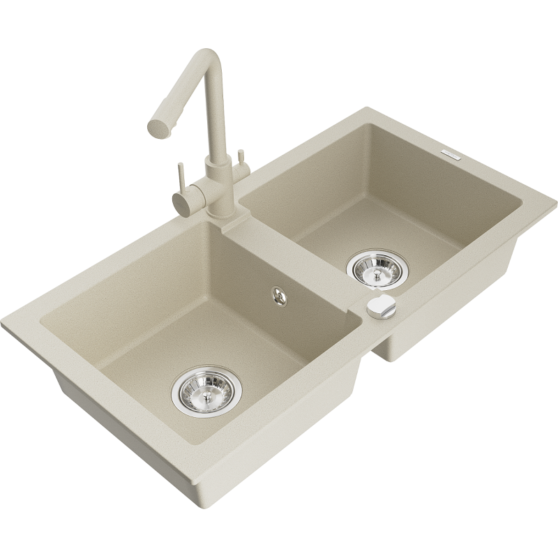 Mexen Mario Granitspüle mit 2 Becken und Küchenarmatur Duero, beige - 6504-69-671600-69