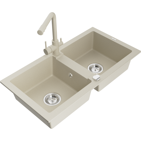 Mexen Mario Granitspüle mit 2 Becken und Küchenarmatur Duero, beige - 6504-69-671600-69