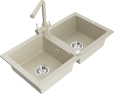 Mexen Mario Granitspüle mit 2 Becken und Küchenarmatur Duero, beige - 6504-69-671600-69