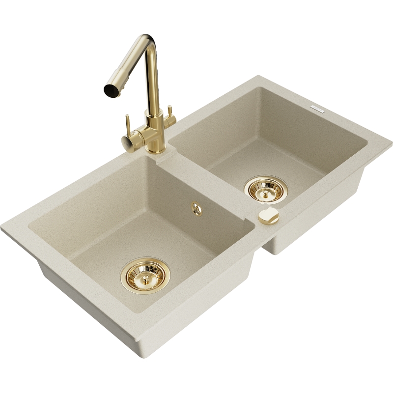 Mexen Mario Granitspüle 2-Becken mit Küchenarmatur Duero, beige - 6504-69-671600-50