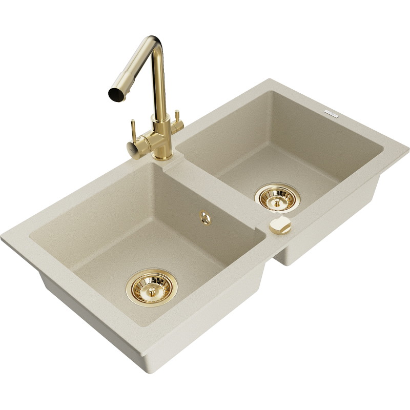 Mexen Mario Granitspüle 2-Kammern mit Küchenarmatur Duero, beige - 6504-69-671600-50