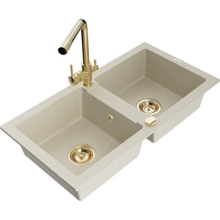 Mexen Mario Granitspüle 2-Becken mit Küchenarmatur Duero, beige - 6504-69-671600-50