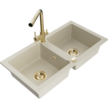 Mexen Mario Granitspüle 2-Kammern mit Küchenarmatur Duero, beige - 6504-69-671600-50