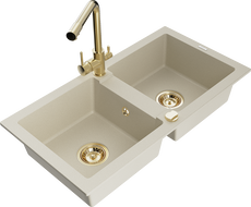 Mexen Mario Granitspüle 2-Becken mit Küchenarmatur Duero, beige - 6504-69-671600-50