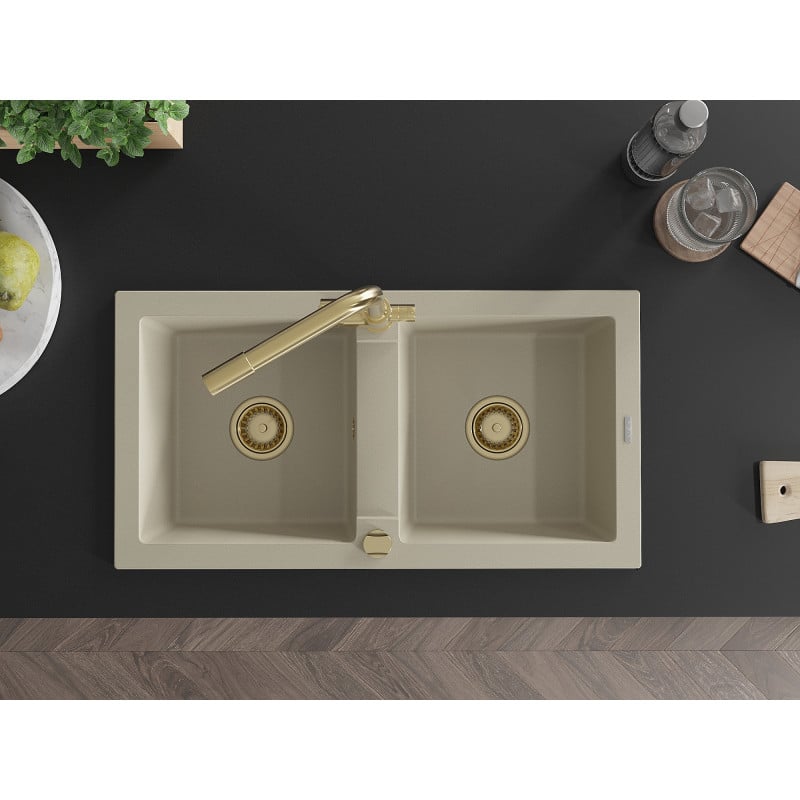 Mexen Mario Granitspüle 2-Becken mit Küchenarmatur Duero, beige - 6504-69-671600-50