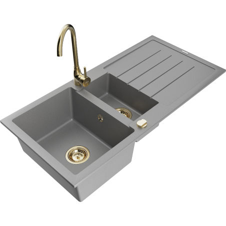 Mexen Andres 1,5-Kammer-Granitzwischenbecken mit Abtropffläche und Küchenarmatur Telma, grau - 6515-71-670200-50