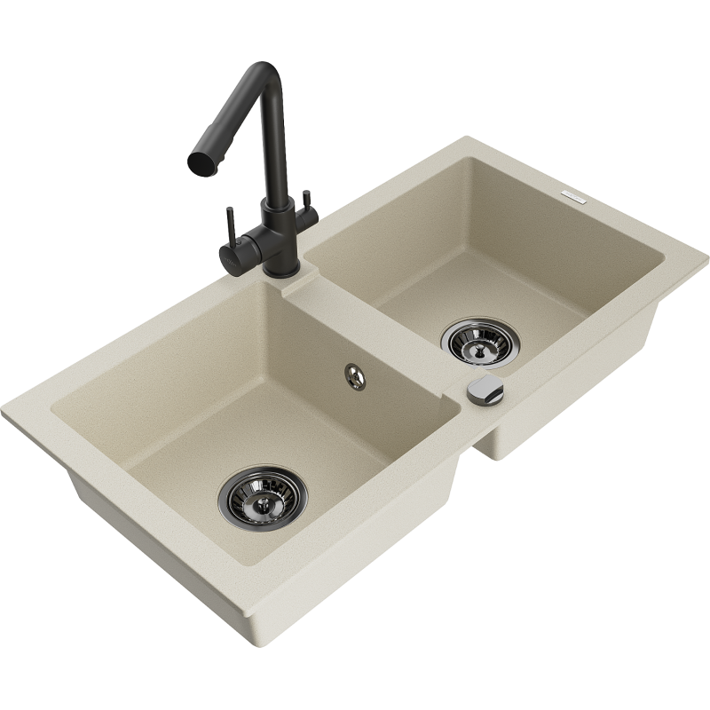Mexen Mario Granitspüle 2-Kammer mit Küchenarmatur Duero, beige - 6504-69-671600-70