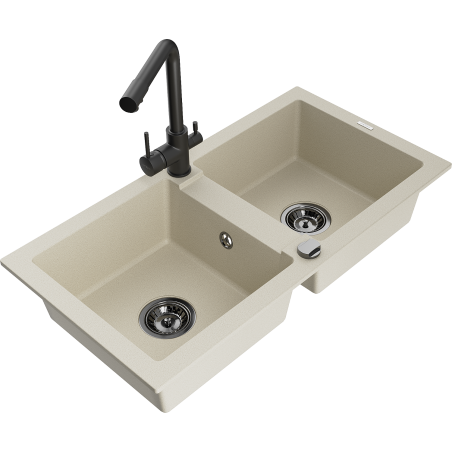 Mexen Mario Granitspüle 2-Kammer mit Küchenarmatur Duero, beige - 6504-69-671600-70