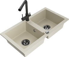 Mexen Mario Granitspüle 2-Kammer mit Küchenarmatur Duero, beige - 6504-69-671600-70