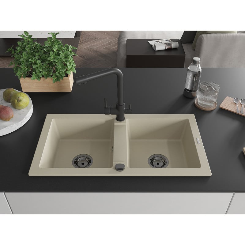 Mexen Mario Granitspüle 2-Kammer mit Küchenarmatur Duero, beige - 6504-69-671600-70