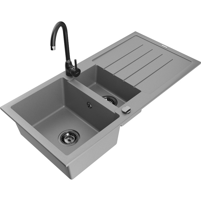 Mexen Andres granitspüle 1,5-becken mit abtropffläche und küchenarmatur Telma, grau - 6515-71-670200-70-B