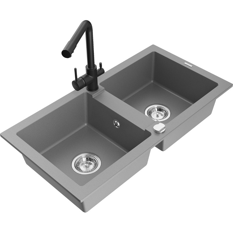 Mexen Mario granitspüle 2-becken mit küchenarmatur Duero, grau - 6504-71-671600-70