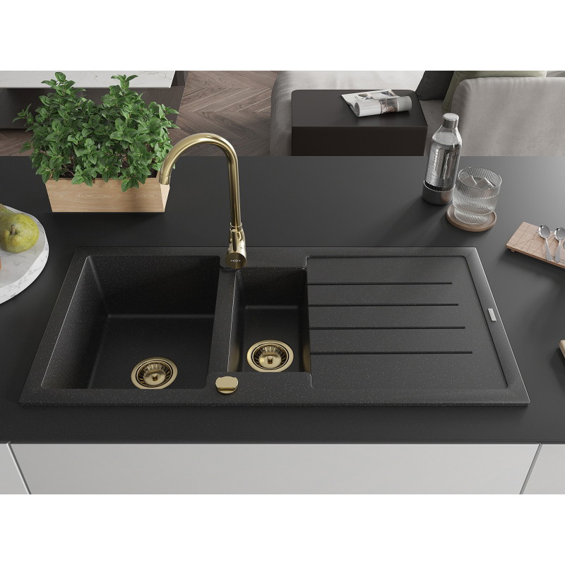 Mexen Andres granitspüle 1,5-becken mit abtropffläche und küchenarmatur Telma, schwarz/silber - 6515-73-670200-50