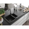 Mexen Andres Granitspüle 1,5-Becken mit Abtropffläche und Küchenarmatur Telma, schwarz/silber - 6515-73-670200-70-B