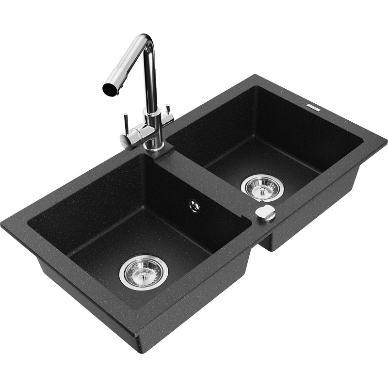Mexen Mario Granitspüle 2-Kammer mit Küchenarmatur Duero, schwarz/silber metallisch - 6504-73-671600-00