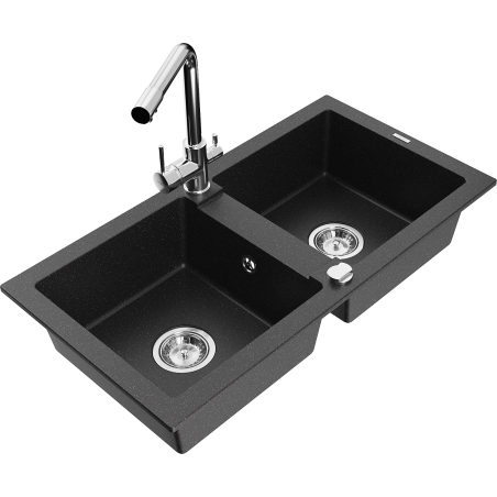 Mexen Mario Granitspüle Doppelbecken mit Küchenmischer Duero, schwarz/silber Metallic - 6504-73-671600-00