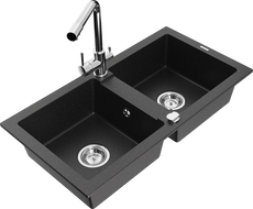 Mexen Mario Granitspüle Doppelbecken mit Küchenmischer Duero, schwarz/silber Metallic - 6504-73-671600-00