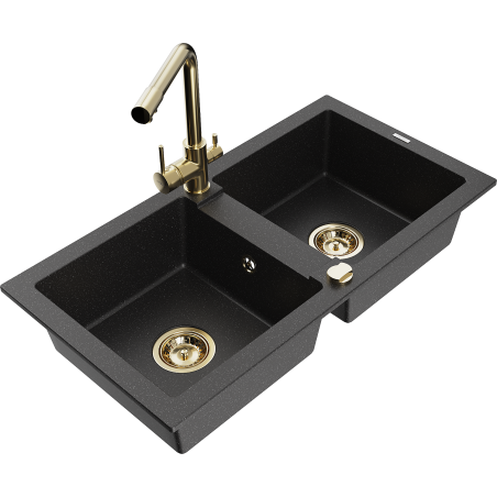 Mexen Mario Granit-Spülbecken 2-Kammer mit Küchenarmatur Duero, schwarz/silber metallic - 6504-73-671600-50