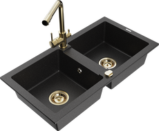 Mexen Mario Granit-Spülbecken 2-Kammer mit Küchenarmatur Duero, schwarz/silber metallic - 6504-73-671600-50