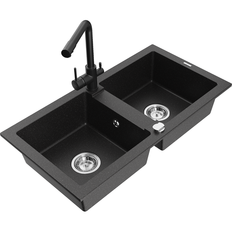 Mexen Mario Granitspüle 2-fach mit Küchenarmatur Duero, schwarz/silber metallic - 6504-73-671600-70