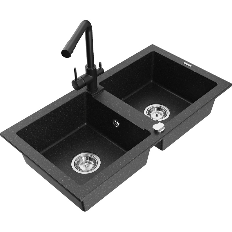 Mexen Mario Granitspüle 2-Kammern mit Küchenarmatur Duero, schwarz/silber metallic - 6504-73-671600-70