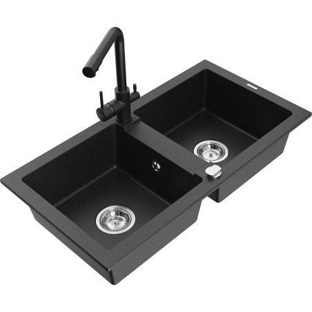 Mexen Mario Granitspüle 2-fach mit Küchenarmatur Duero, schwarz/silber metallic - 6504-73-671600-70