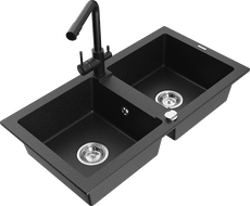 Mexen Mario Granitspüle 2-fach mit Küchenarmatur Duero, schwarz/silber metallic - 6504-73-671600-70