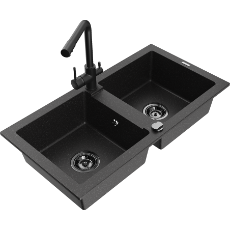 Mexen Mario Granitspüle 2-Becken mit Küchenarmatur Duero, schwarz/silber metallic - 6504-73-671600-70-B